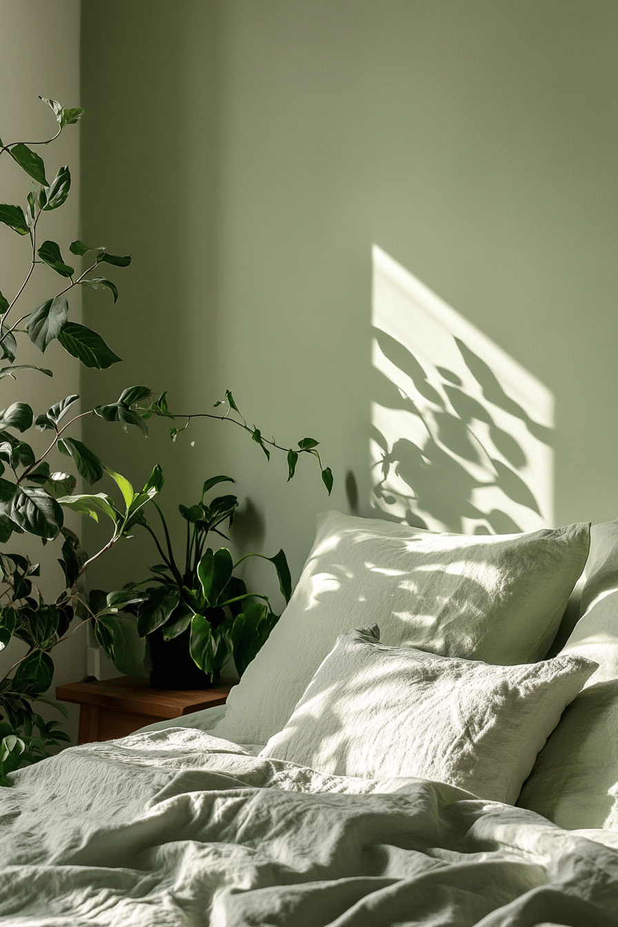 Schlafzimmer mit salbeigrüner Bettwäsche und Pflanzen im Hintergrund.