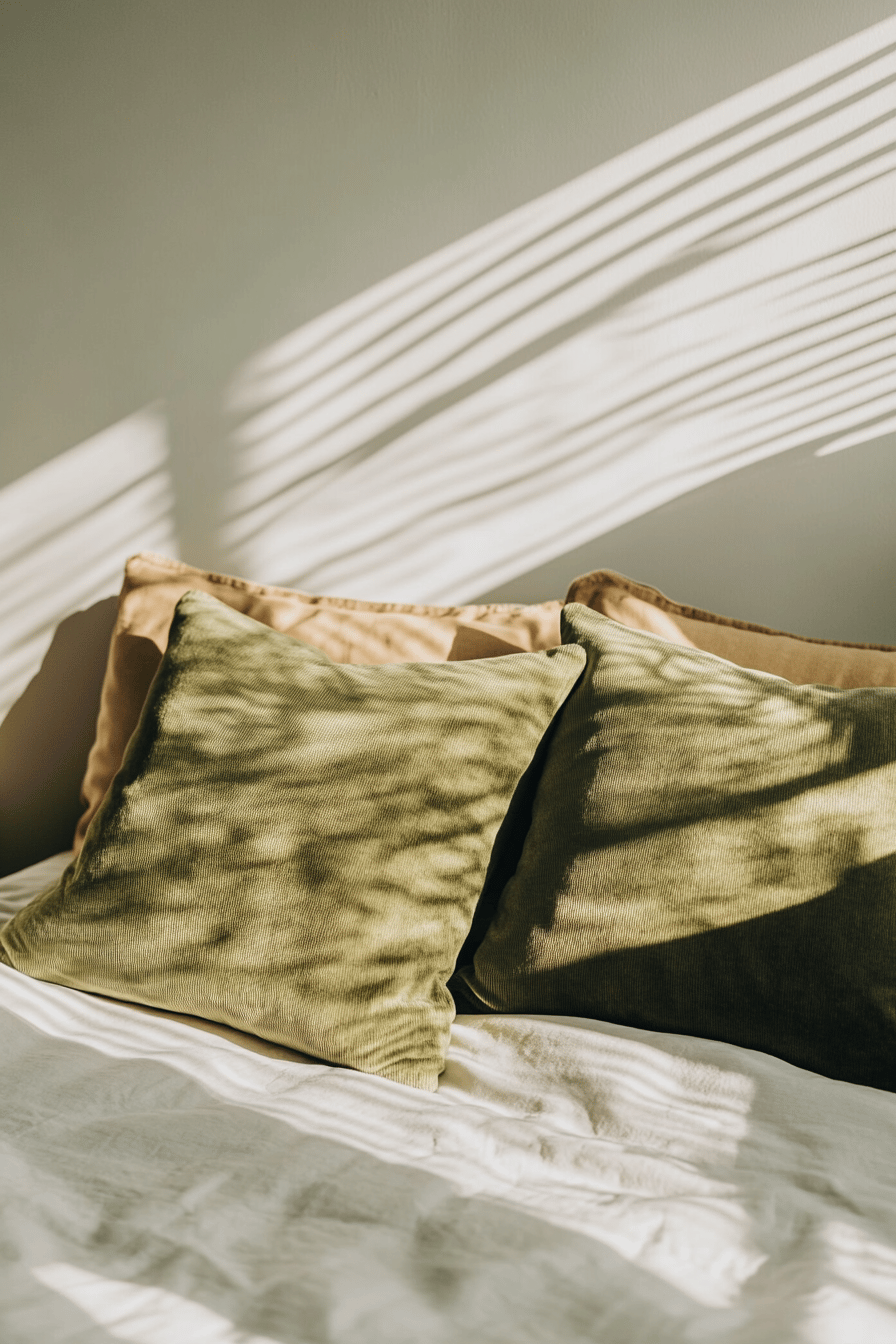 Zwei salbeigrüne Kissen auf einem Bett mit sanften Sonnenstrahlen.
