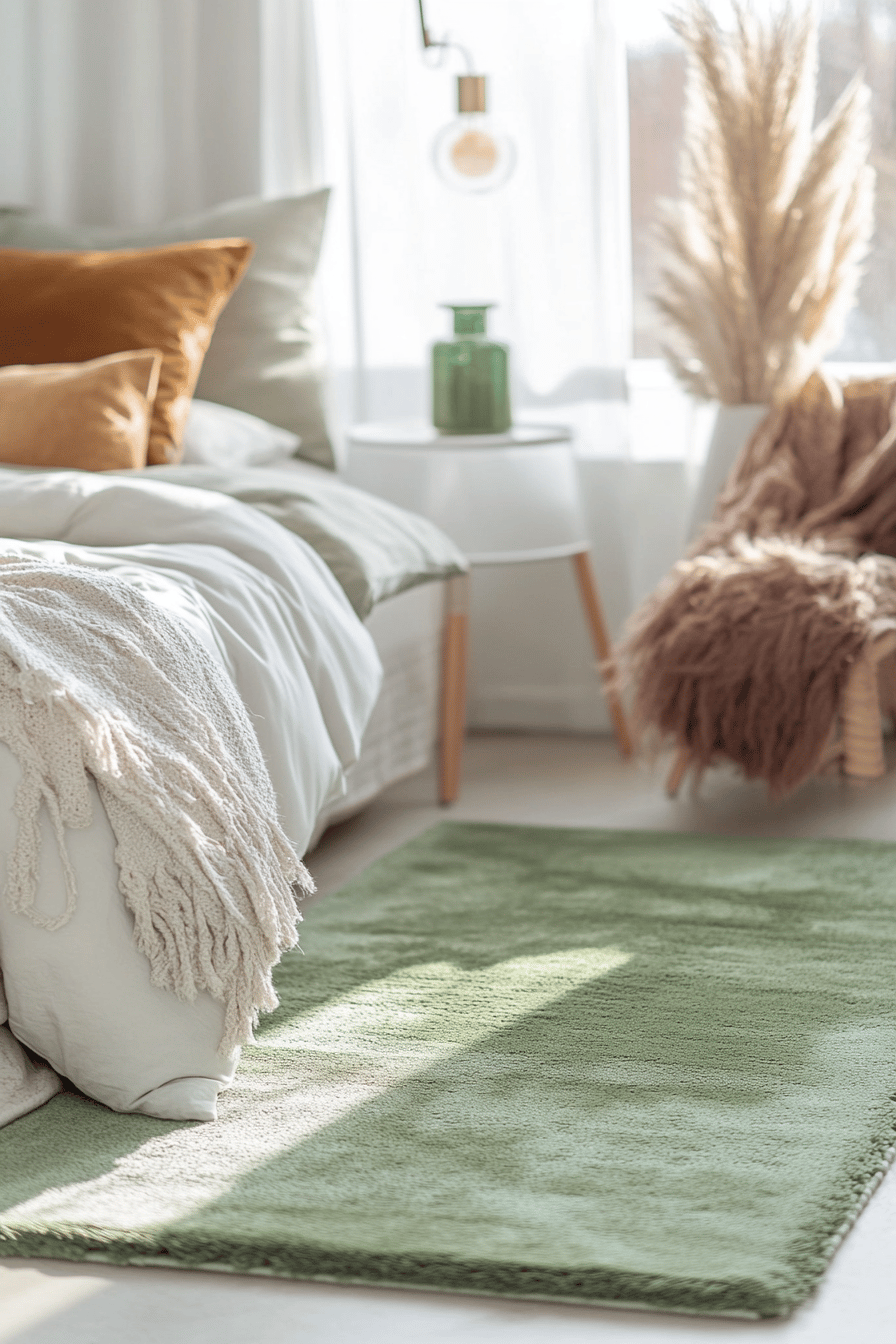 Ein gemütliches Schlafzimmer mit einem salbeigrünen Teppich, neutralen Kissen und Dekor.
