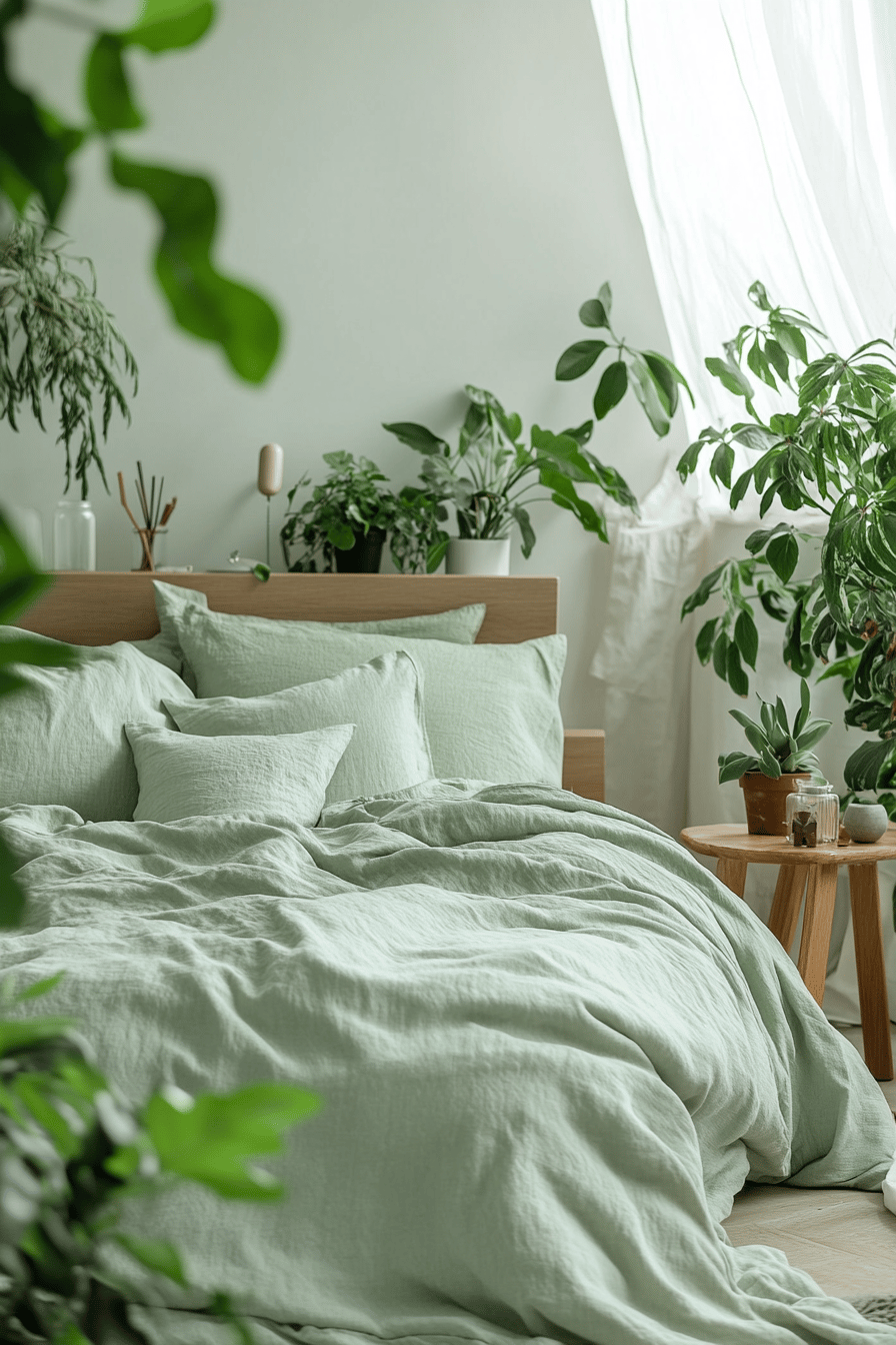 Ein Schlafzimmer mit salbeigrüner Bettwäsche und vielen Zimmerpflanzen.
