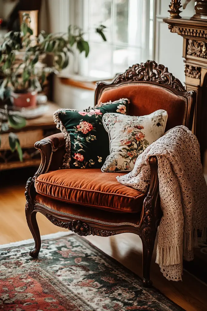 Antiker Sessel mit Kissen und Decke im Wohnzimmer