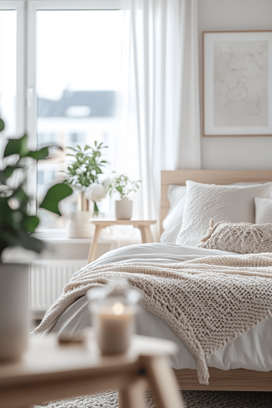 Ein gemütliches Schlafzimmer im skandinavischen Stil mit Holz, Pflanzen und weichen Textilien.