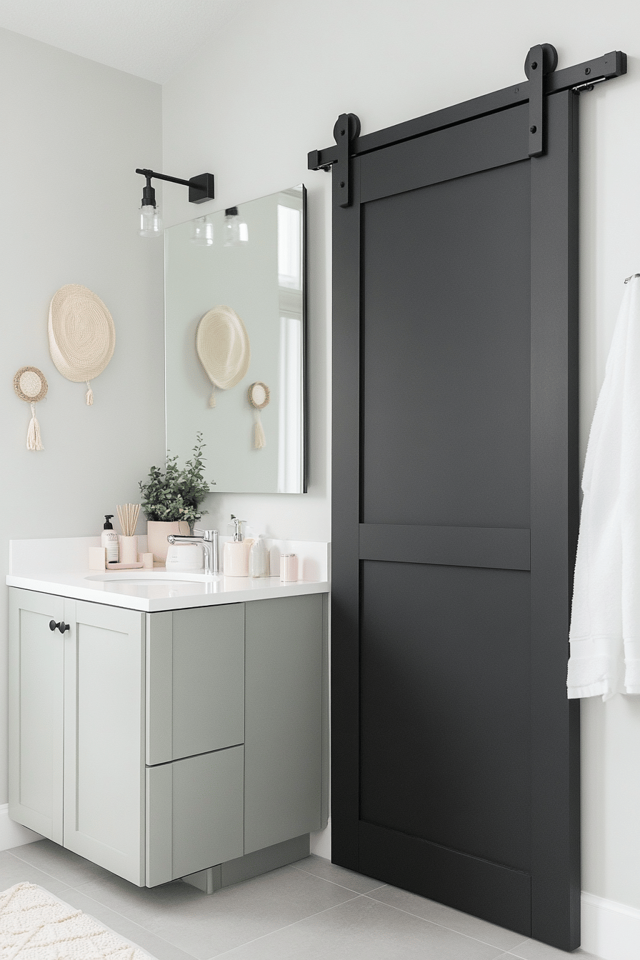 Modernes Badezimmer mit schwarzer Schiebetür und Waschbecken.