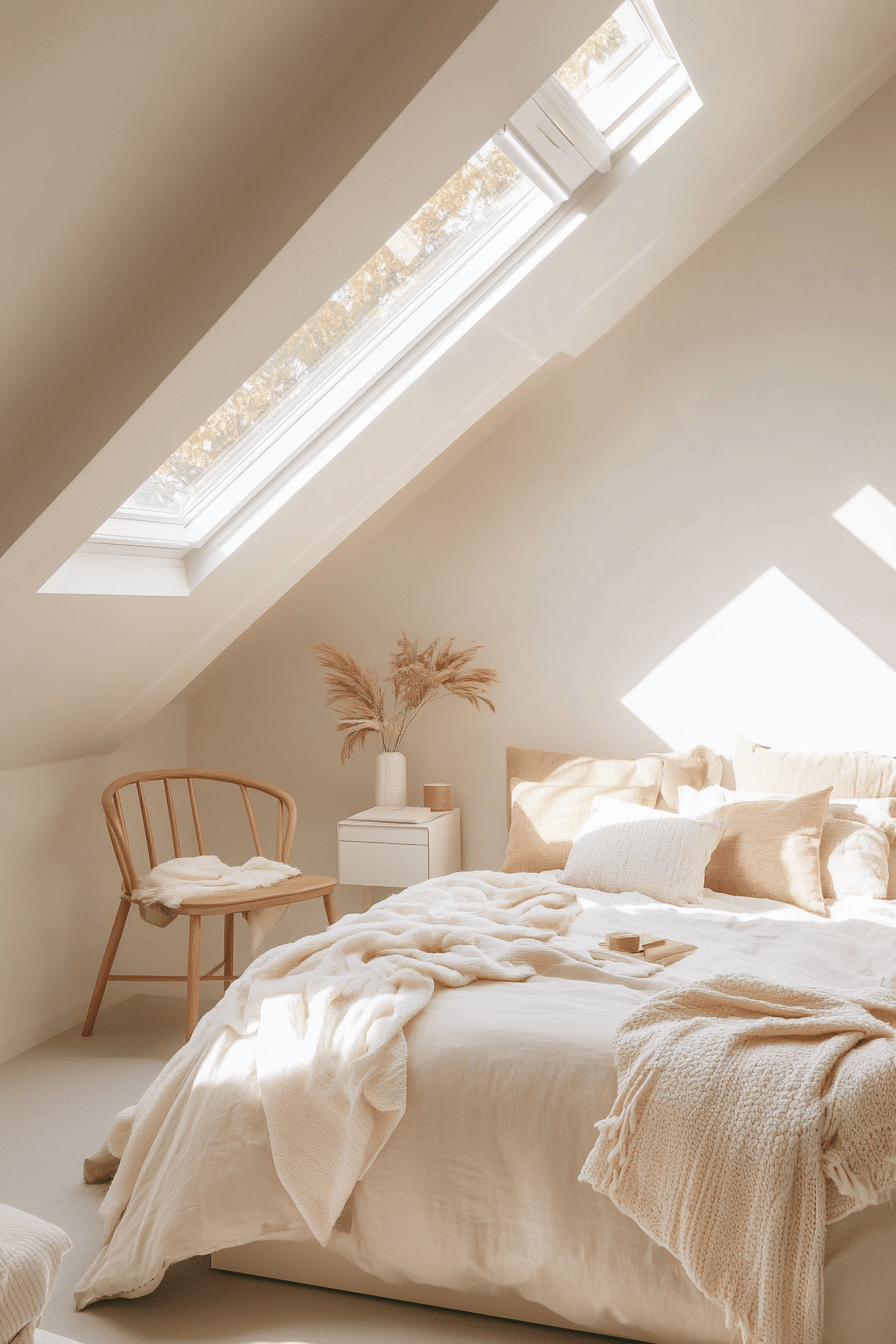 Helles Schlafzimmer mit Dachschräge, Bett und Holzstuhl.