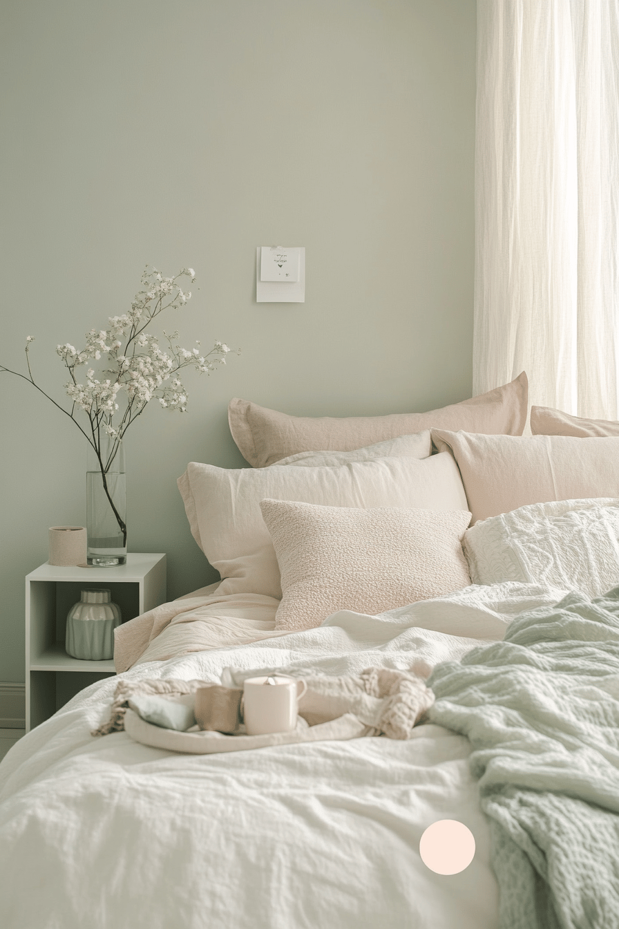 Gemütliches Schlafzimmer mit hellen Farben und vielen Kissen.