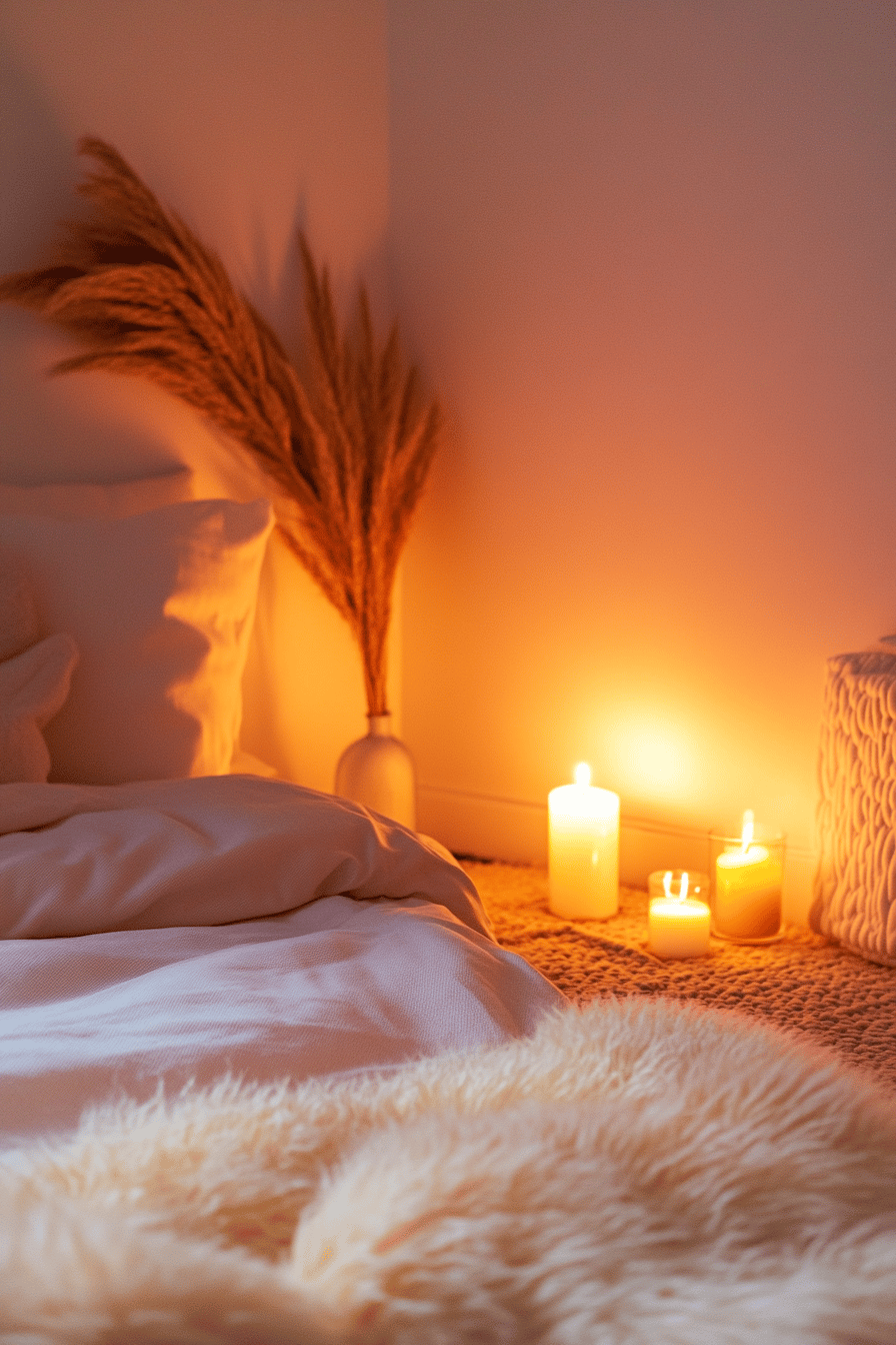 Gemütliches Schlafzimmer mit Kerzenlicht und weicher Bettwäsche.