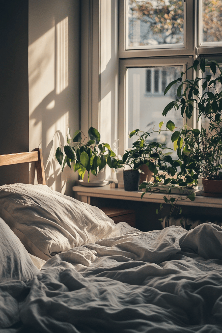 Ein gemütliches Schlafzimmer mit Pflanzen am Fenster und natürlicher Beleuchtung.