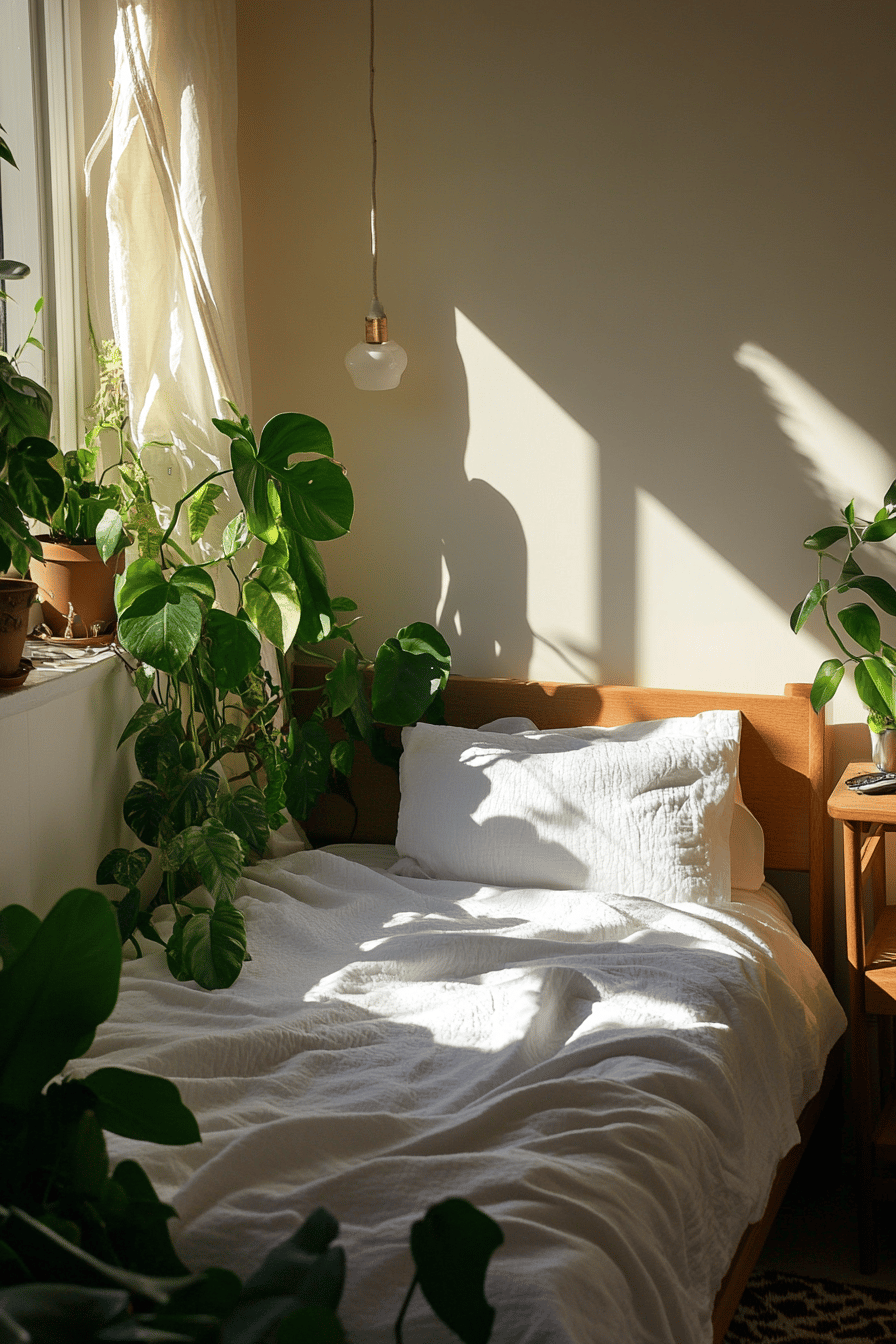Ein kleines Schlafzimmer mit Pflanzen, die an einem sonnigen Fenster stehen.
