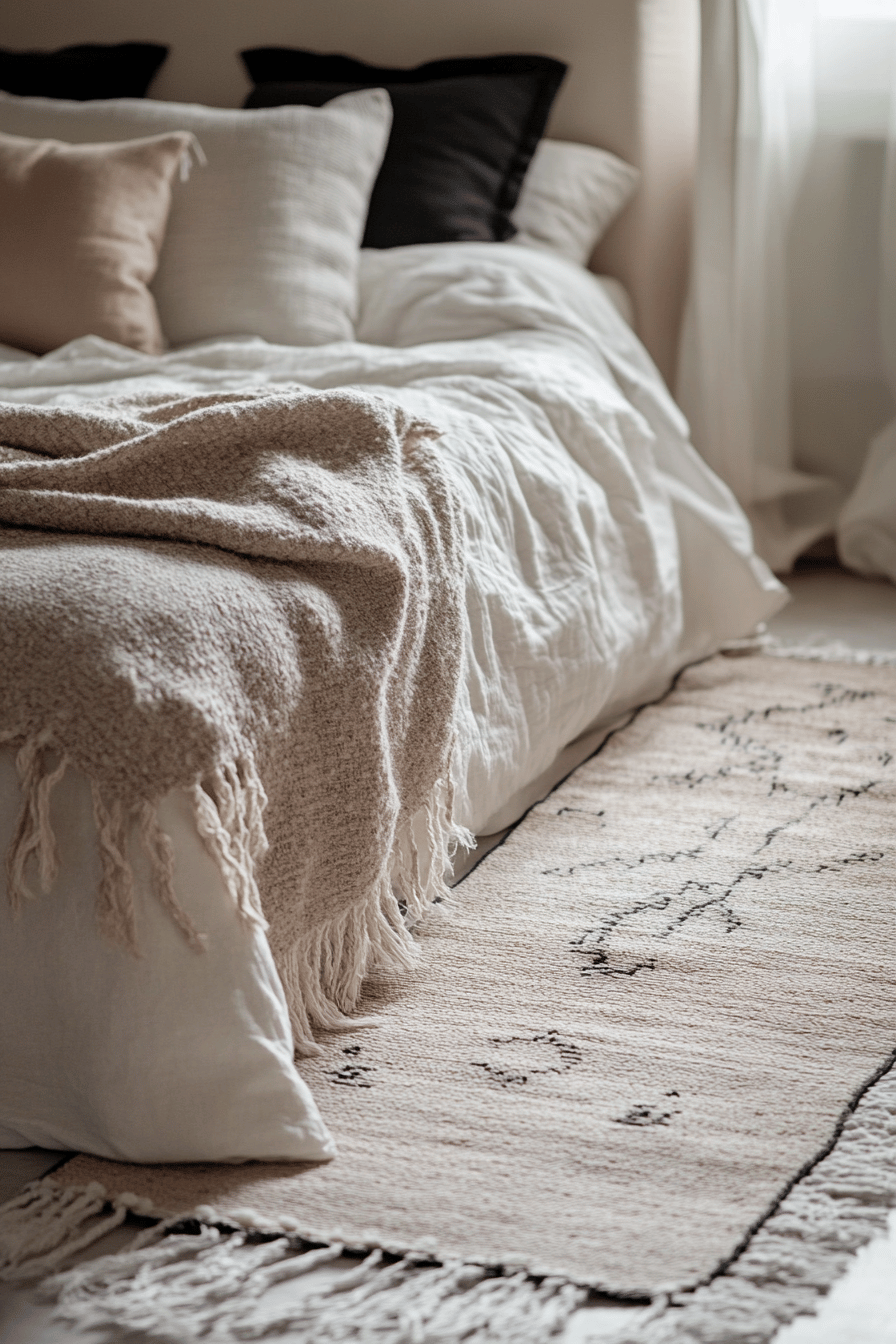 Schlafzimmer mit gemütlichem Bett, Kissen und Teppichläufer.