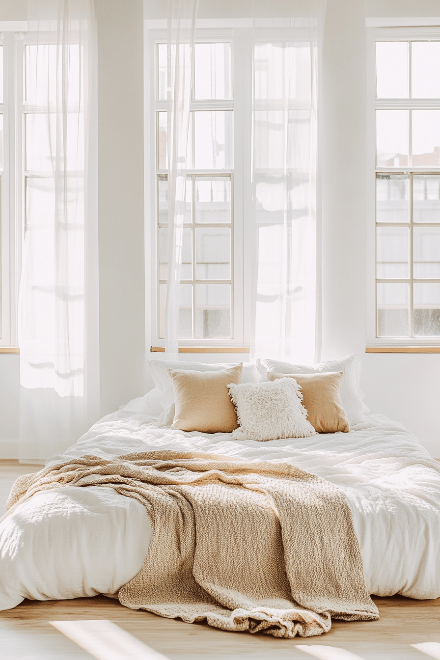 Helles Schlafzimmer mit weißen Vorhängen und Bettwäsche.