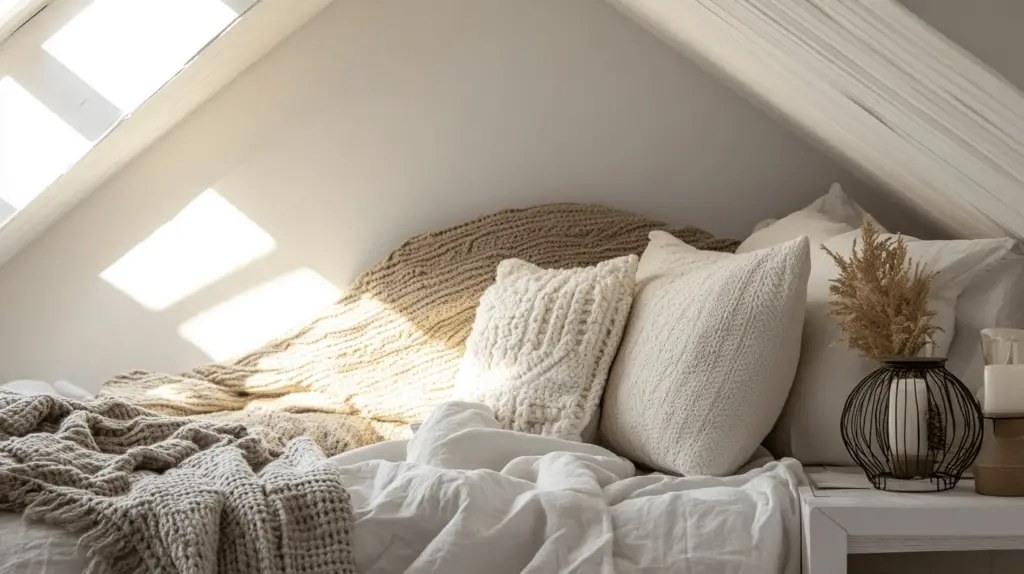 Gemütliches Bett im Sonnenlicht unter dem Dachfenster.