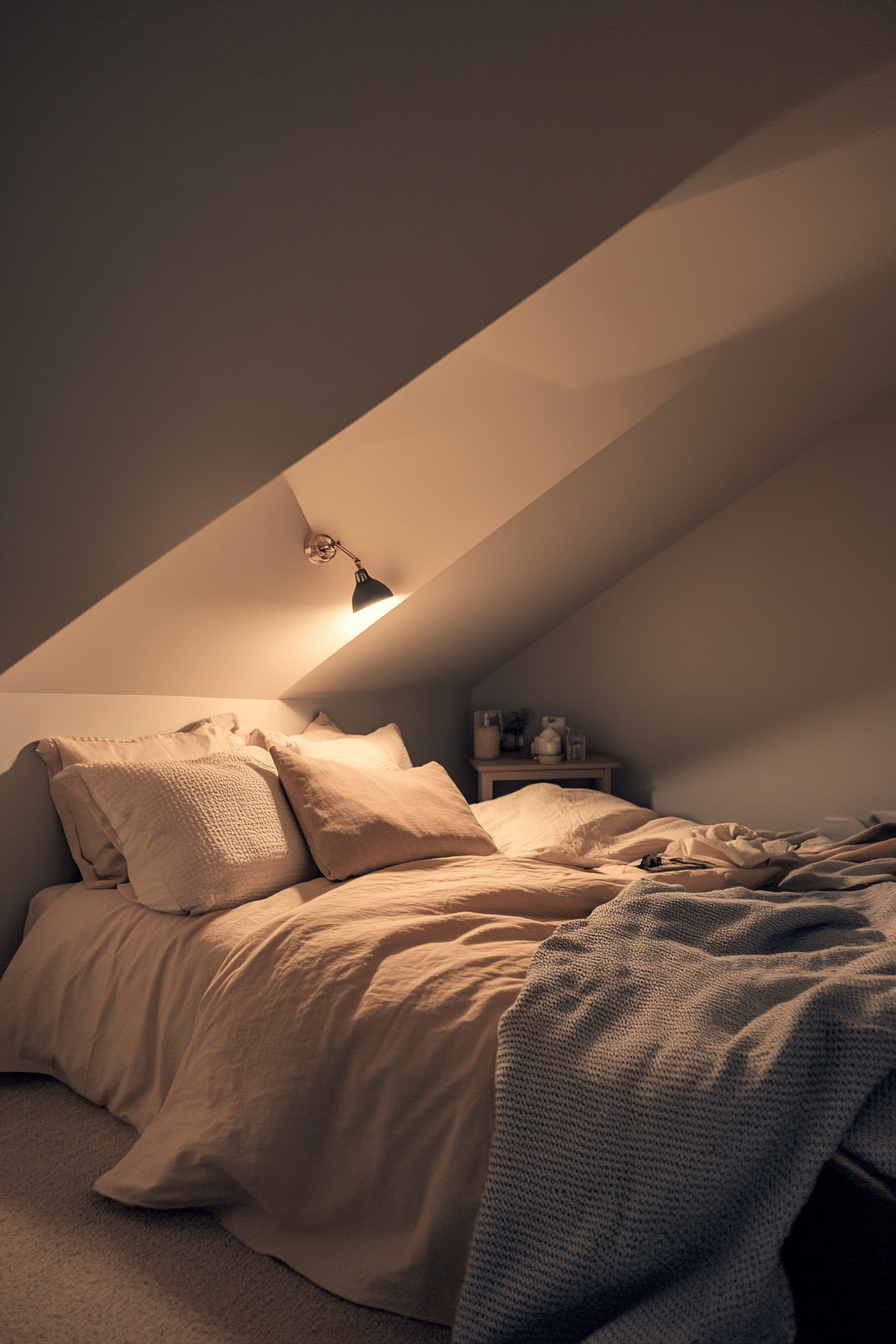 Ein gemütliches Schlafzimmer mit Dachschräge und sanfter Beleuchtung.