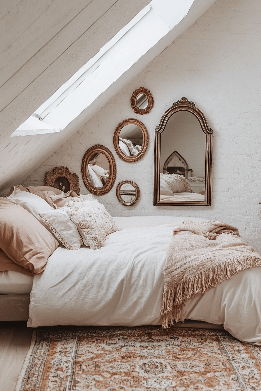 Schlafzimmer unter einer Dachschräge mit dekorativen Spiegeln an der Wand.