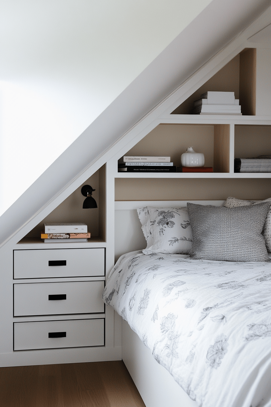 Schlafzimmer mit eingebaute Regale und Stauraum unter einer Dachschräge.