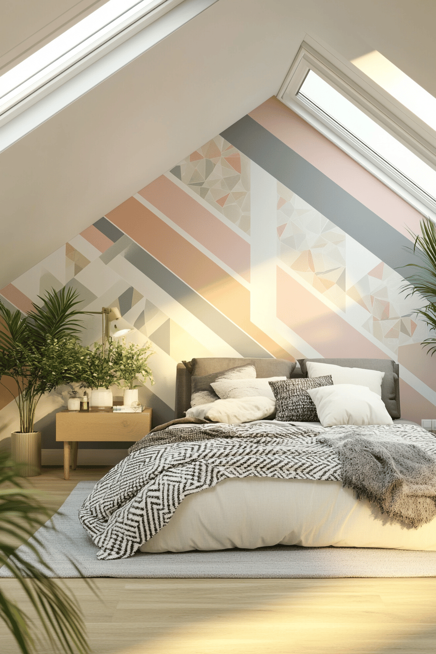 Modern gestaltetes Schlafzimmer mit farbenfroher, geometrischer Wanddekoration und Dachschräge.
