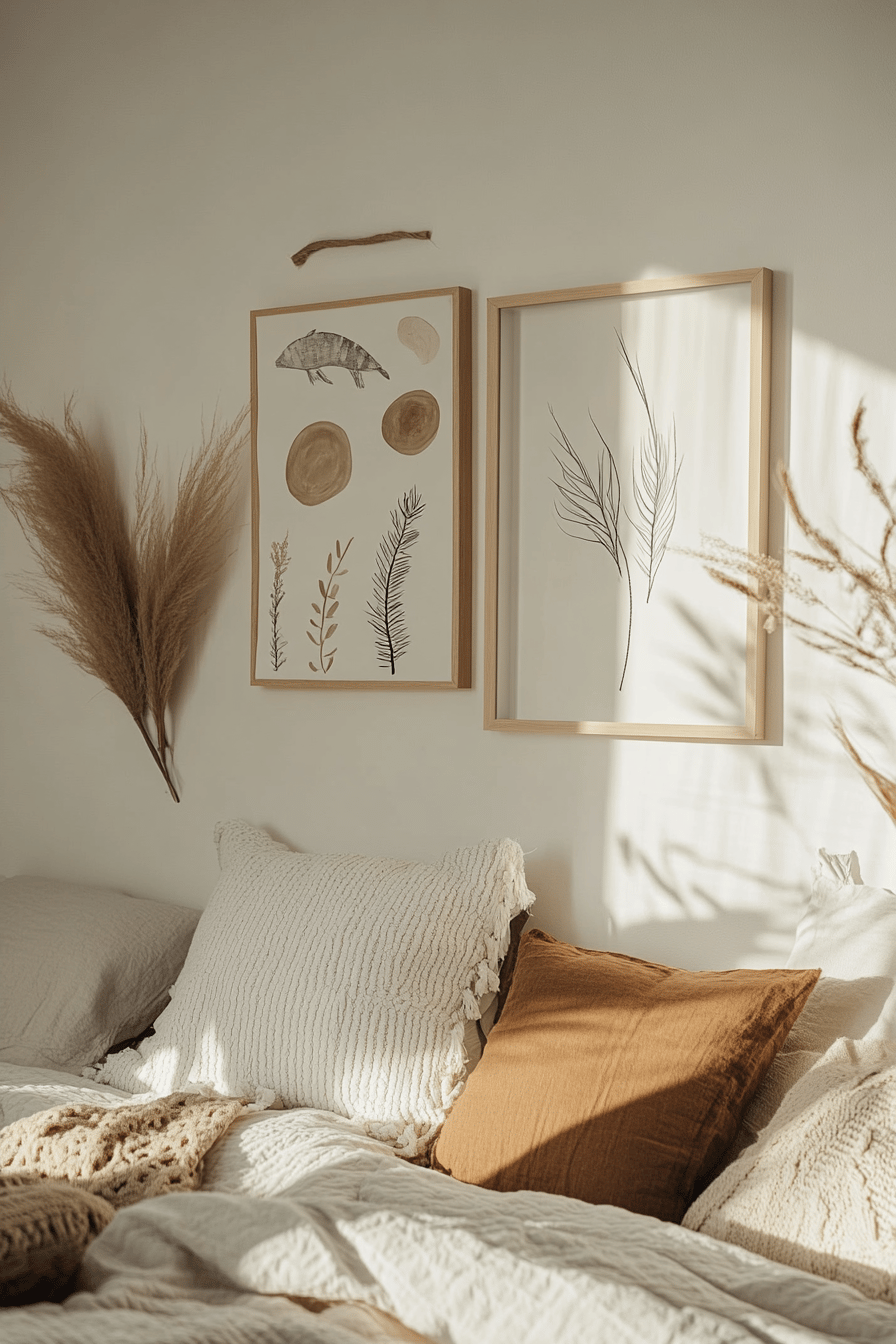 Einladendes Schlafzimmer mit Naturkunstwerken an der Wand und weichen Kissen.