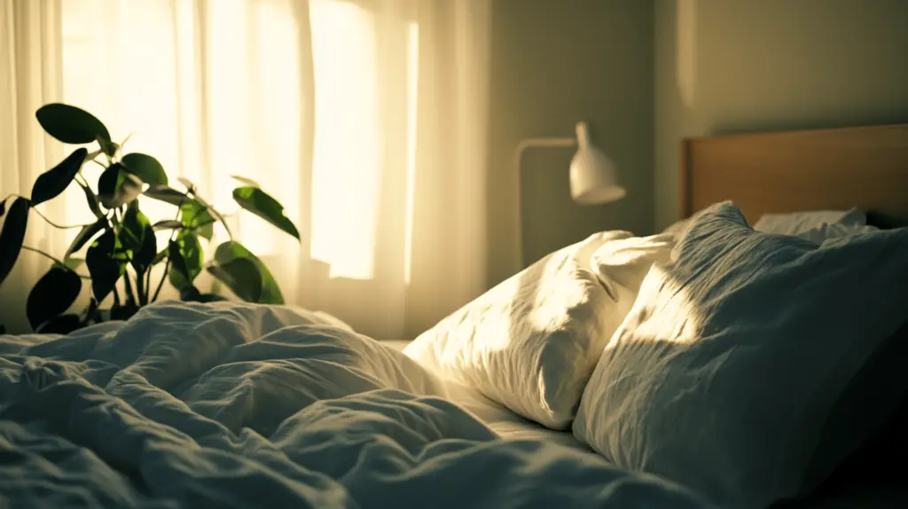 Gemütliches Bett im Sonnenlicht mit Pflanzen