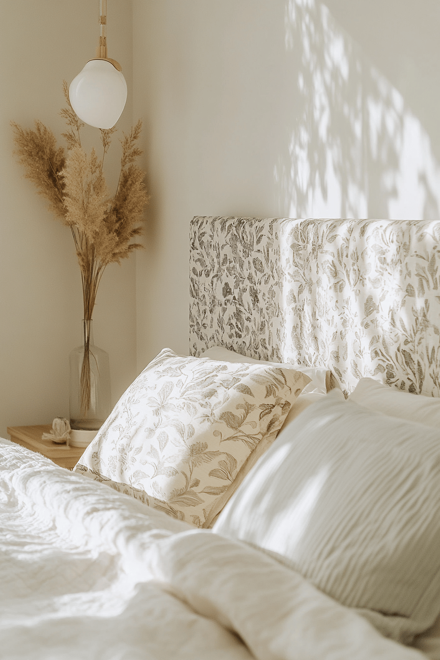 Bett mit floralem Kopfteil und dekorativen Kissen in einem gemütlichen Schlafzimmer.