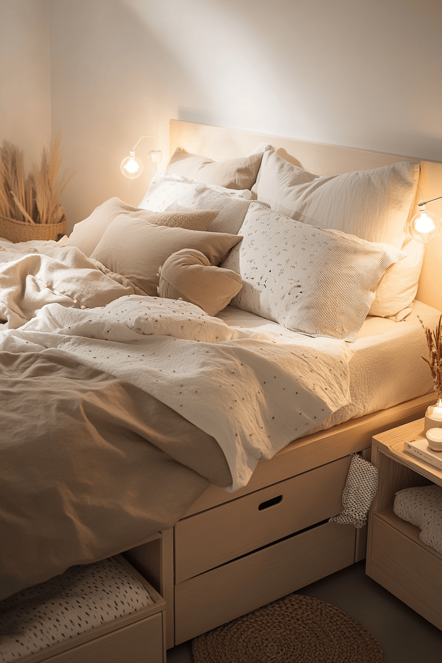 Gemütliches Schlafzimmer mit neutralen Farben und Stauraum unter dem Bett.