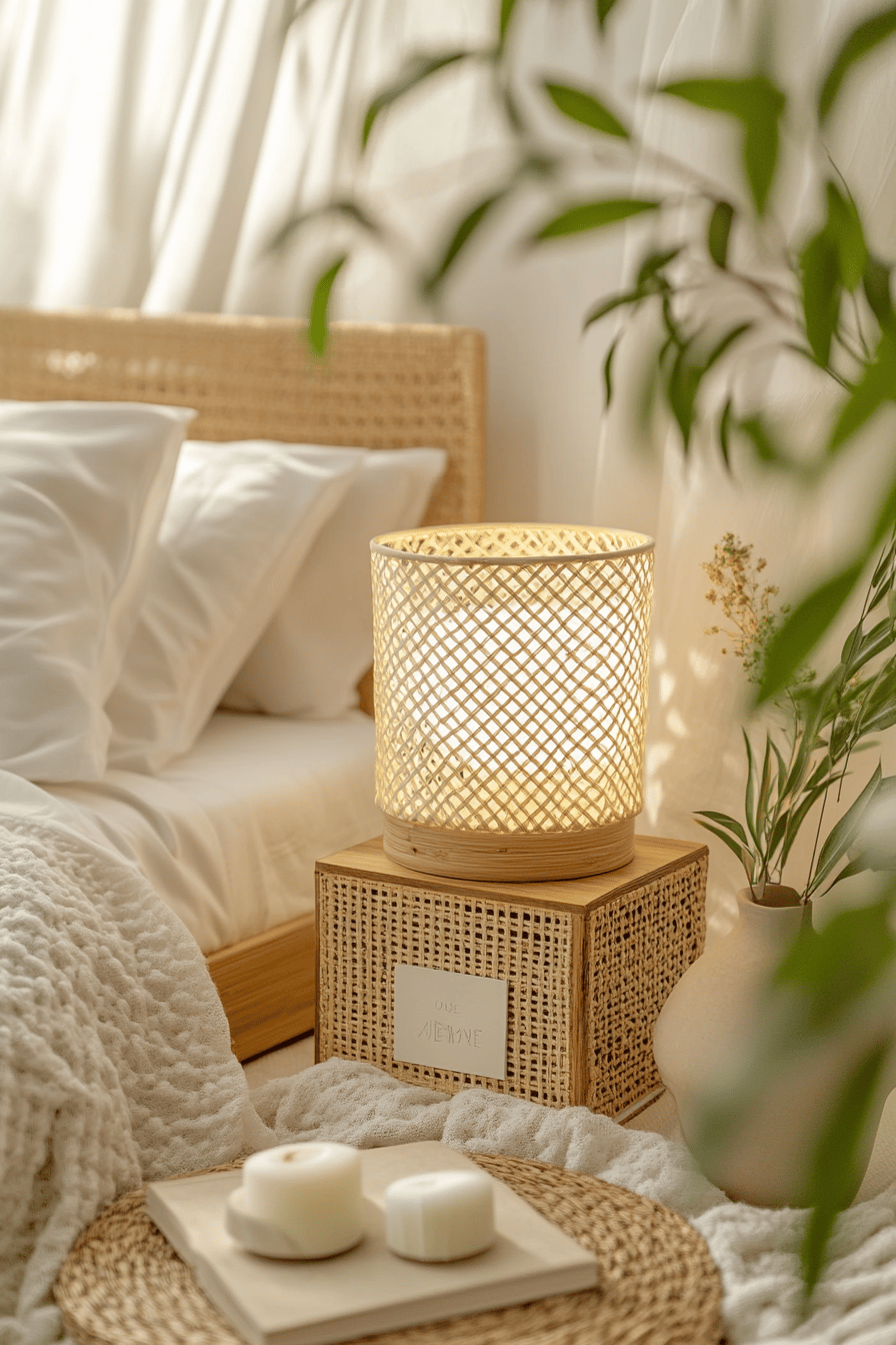 Ein gemütliches Schlafzimmer mit natürlicher Beleuchtung, Rattan-Lampe und Pflanzen.