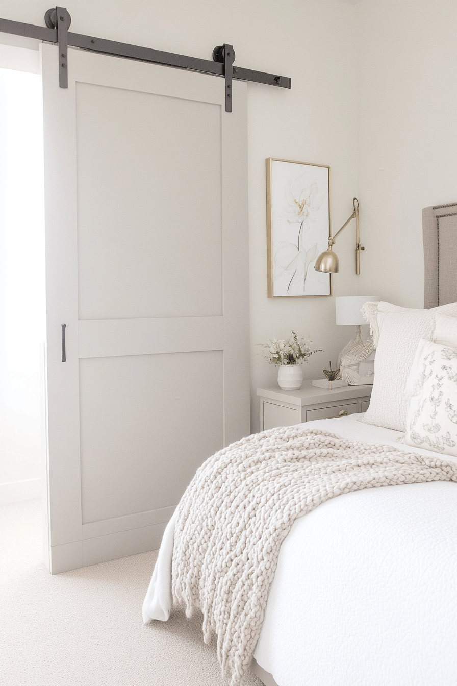 Helles Schlafzimmer mit Schiebetür und stilvoller Dekoration.