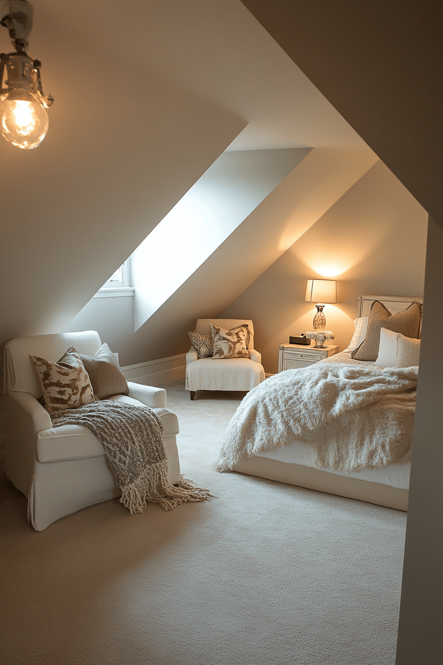Ein gemütliches Schlafzimmer mit Dachschräge, weichem Bett und bequemen Sesseln.