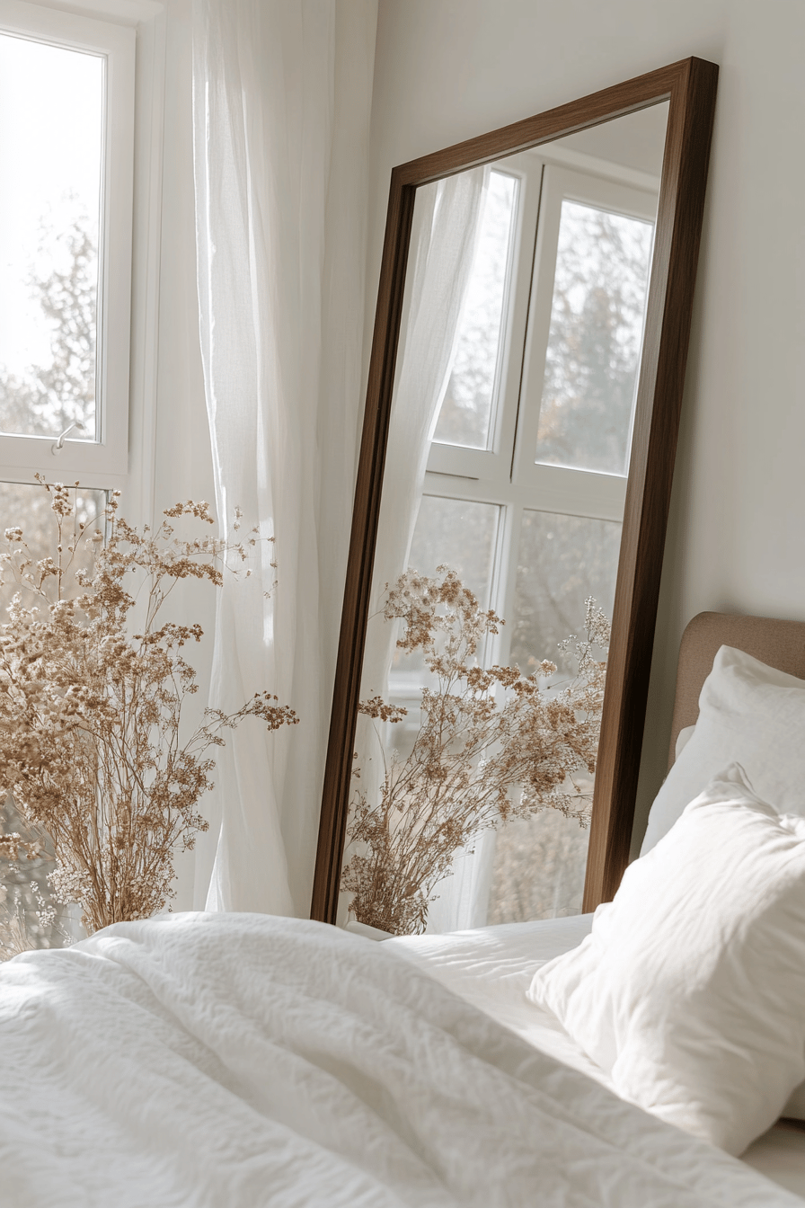 Ein Schlafzimmer mit großen Spiegeln, die Licht und Raum reflektieren, und einer gemütlichen Bettdecke.