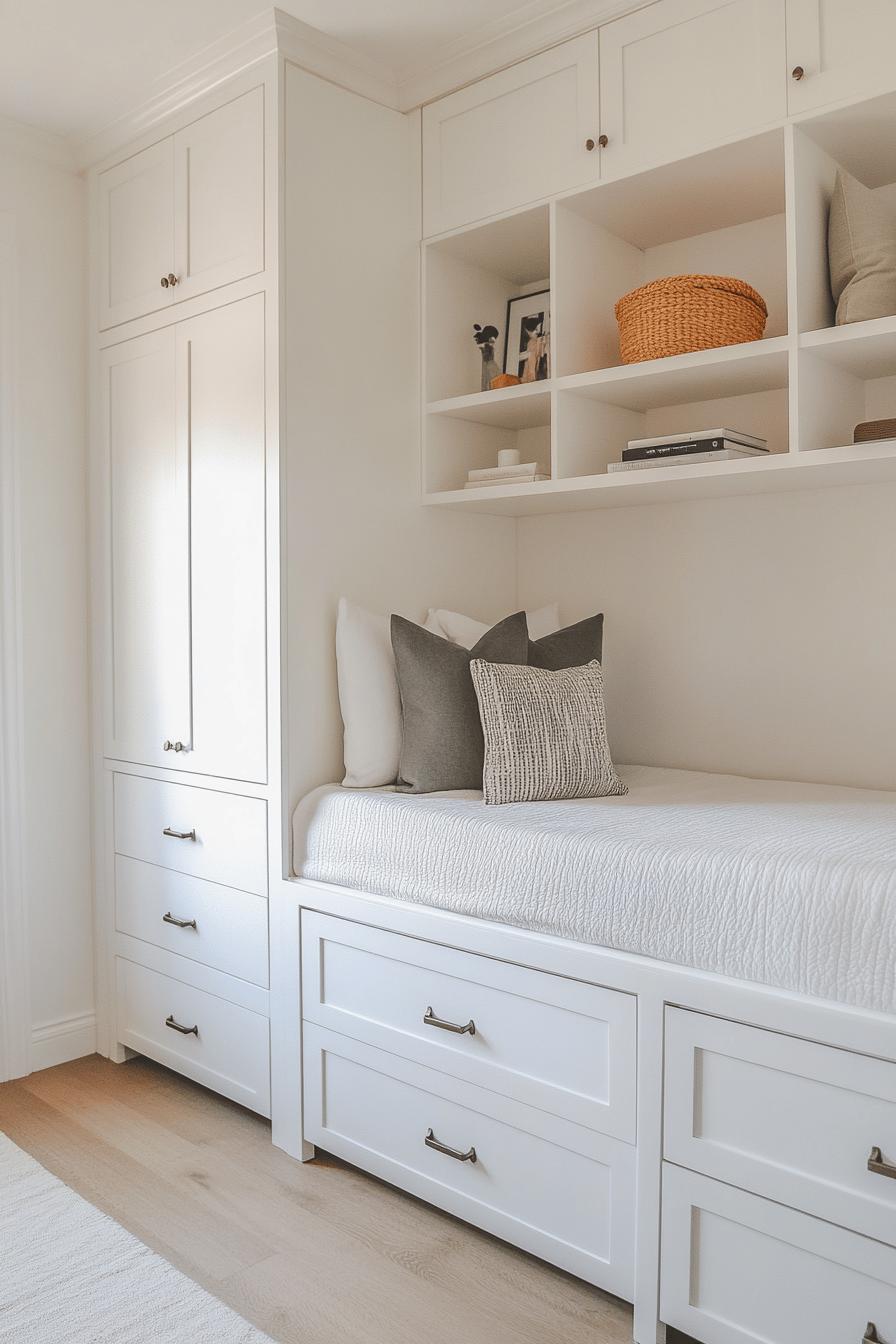Weißes Schlafzimmer mit eingebauten Schränken und Schubladen zur optimalen Stauraumnutzung.