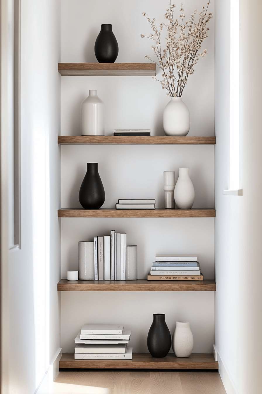 Flur mit schlanken, Wandregalen und dekorativen Vasen und Büchern.