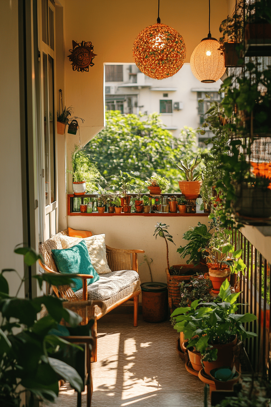 Schmaler Balkon mit Pflanzen, Sitzgelegenheit und hängenden Lampen.