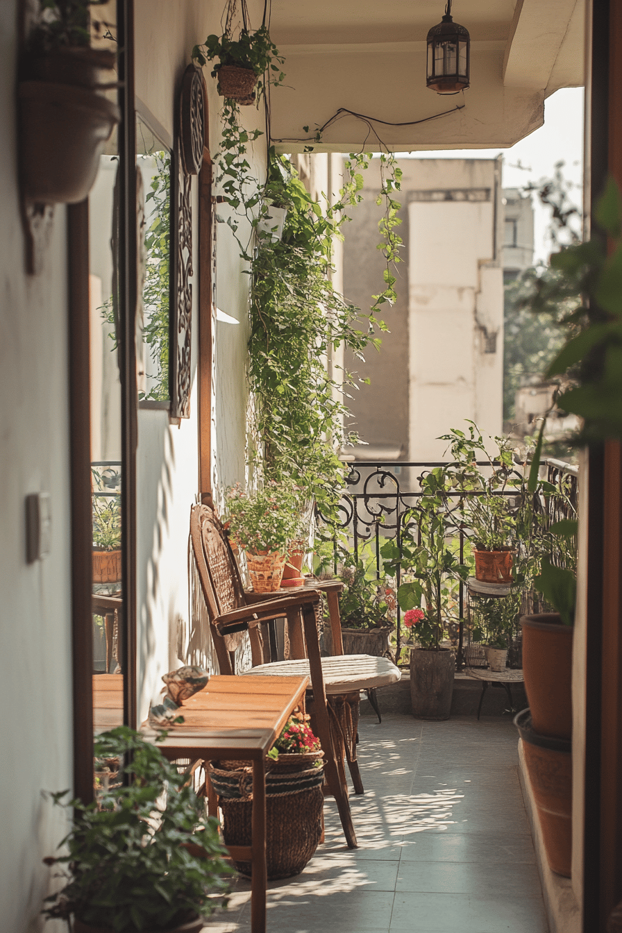 Schmaler Balkon mit Spiegel, Holzstühlen und Pflanzen.