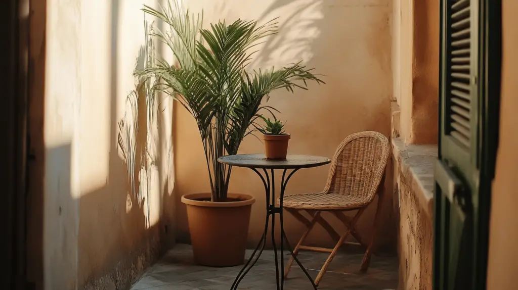 Gemütlicher Balkon mit Tisch, Stuhl und Pflanzen.