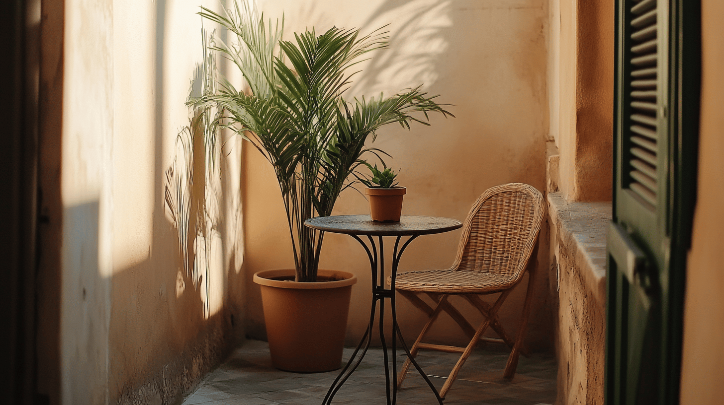Gemütlicher Balkon mit Tisch, Stuhl und Pflanzen.