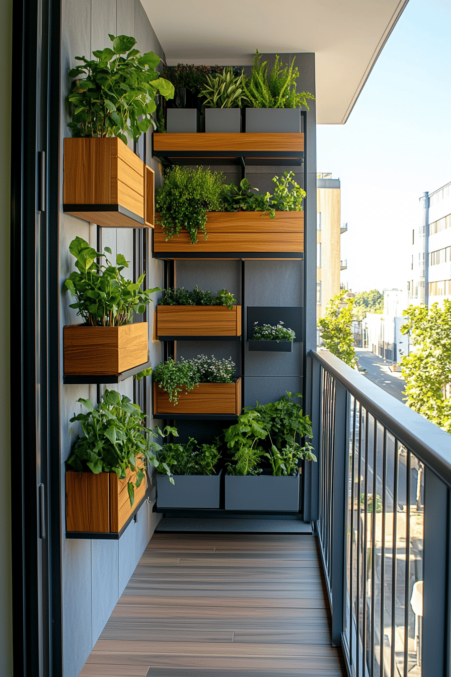 Ein schmaler Balkon mit vertikalen Holzpflanzkästen voller grüner Pflanzen.
