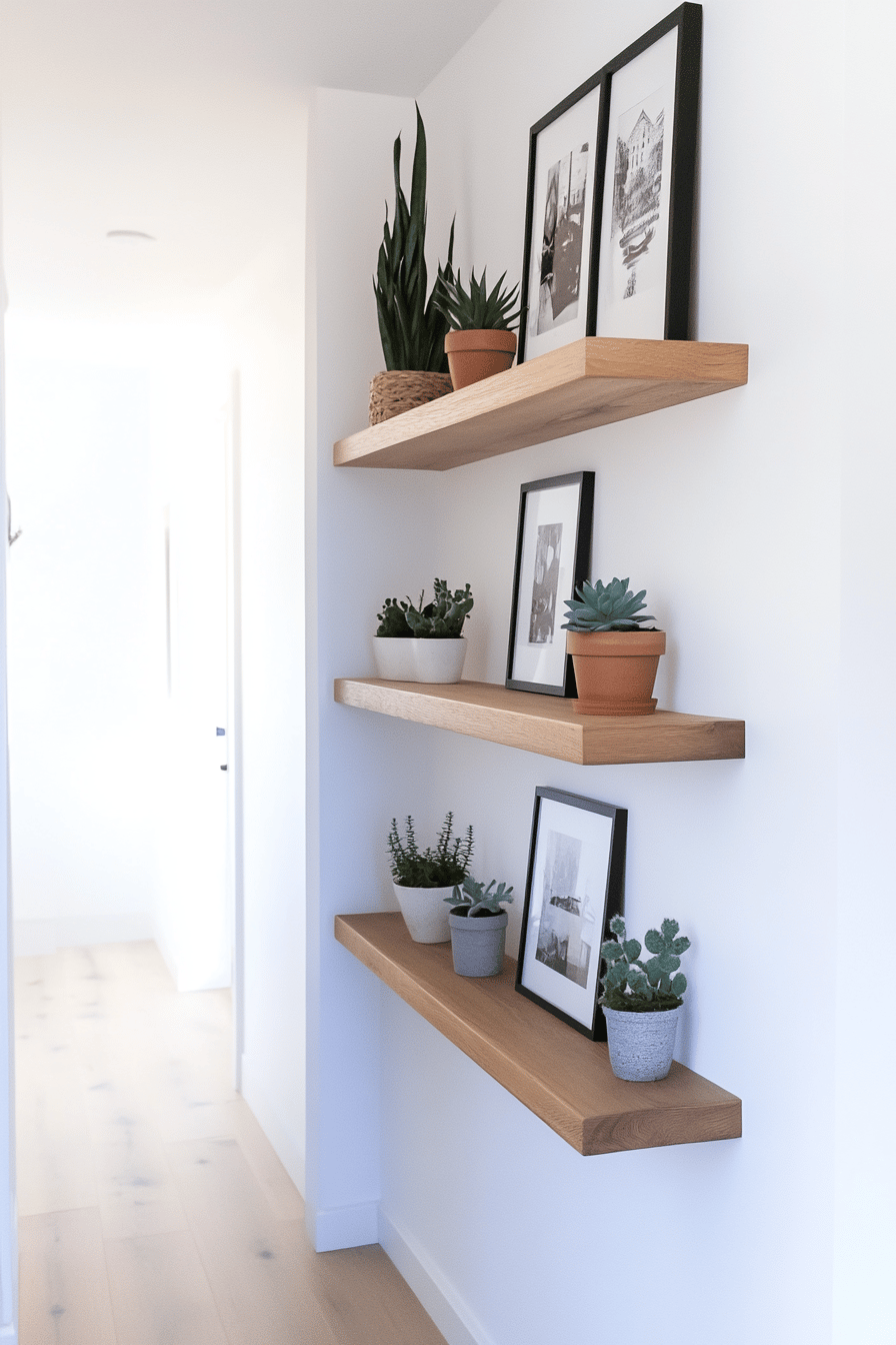 Schwebende Regale an einer weißen Wand mit Pflanzen und gerahmten Bildern.