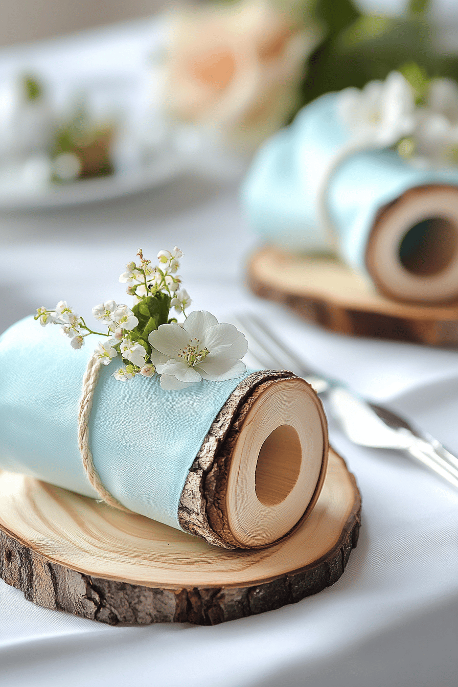 Serviettenringe aus Baumscheiben mit blauer Serviette und Blüten.