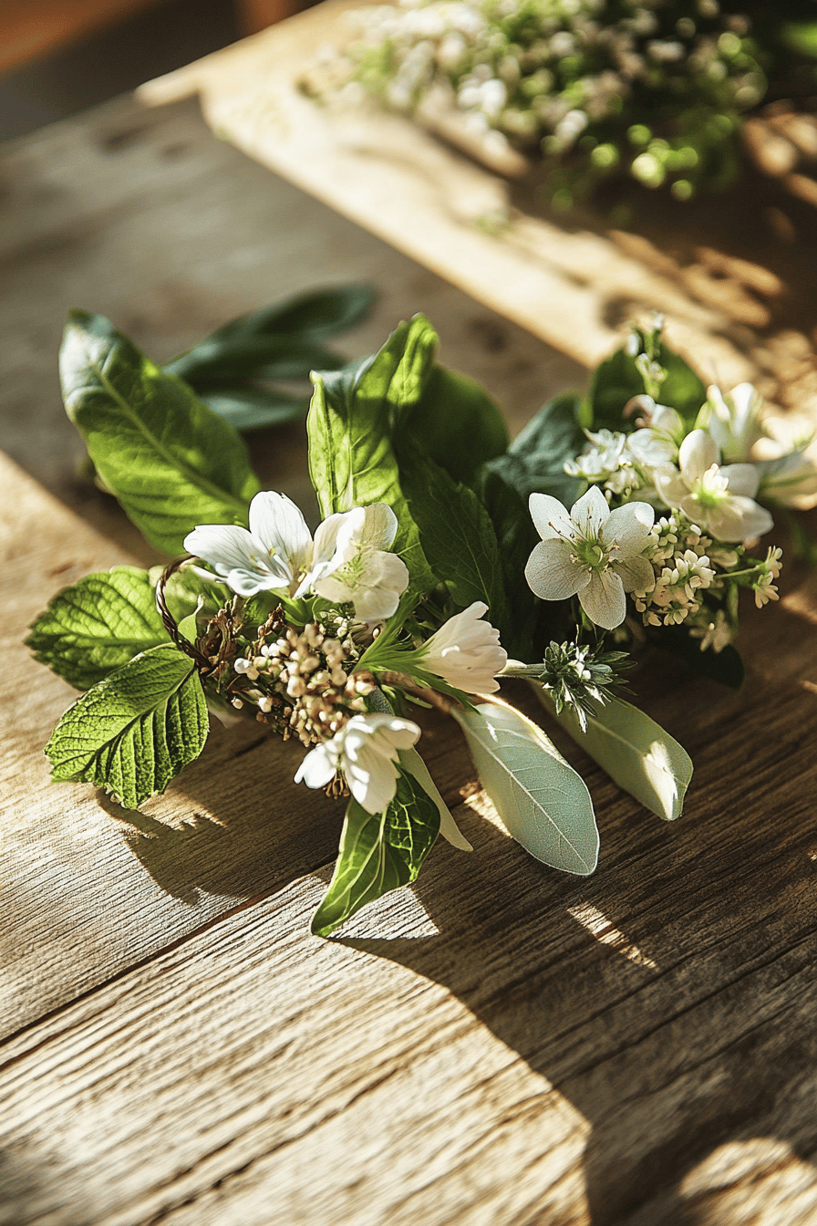 Serviettenring aus Blumen und Blättern auf Holztisch liegend.