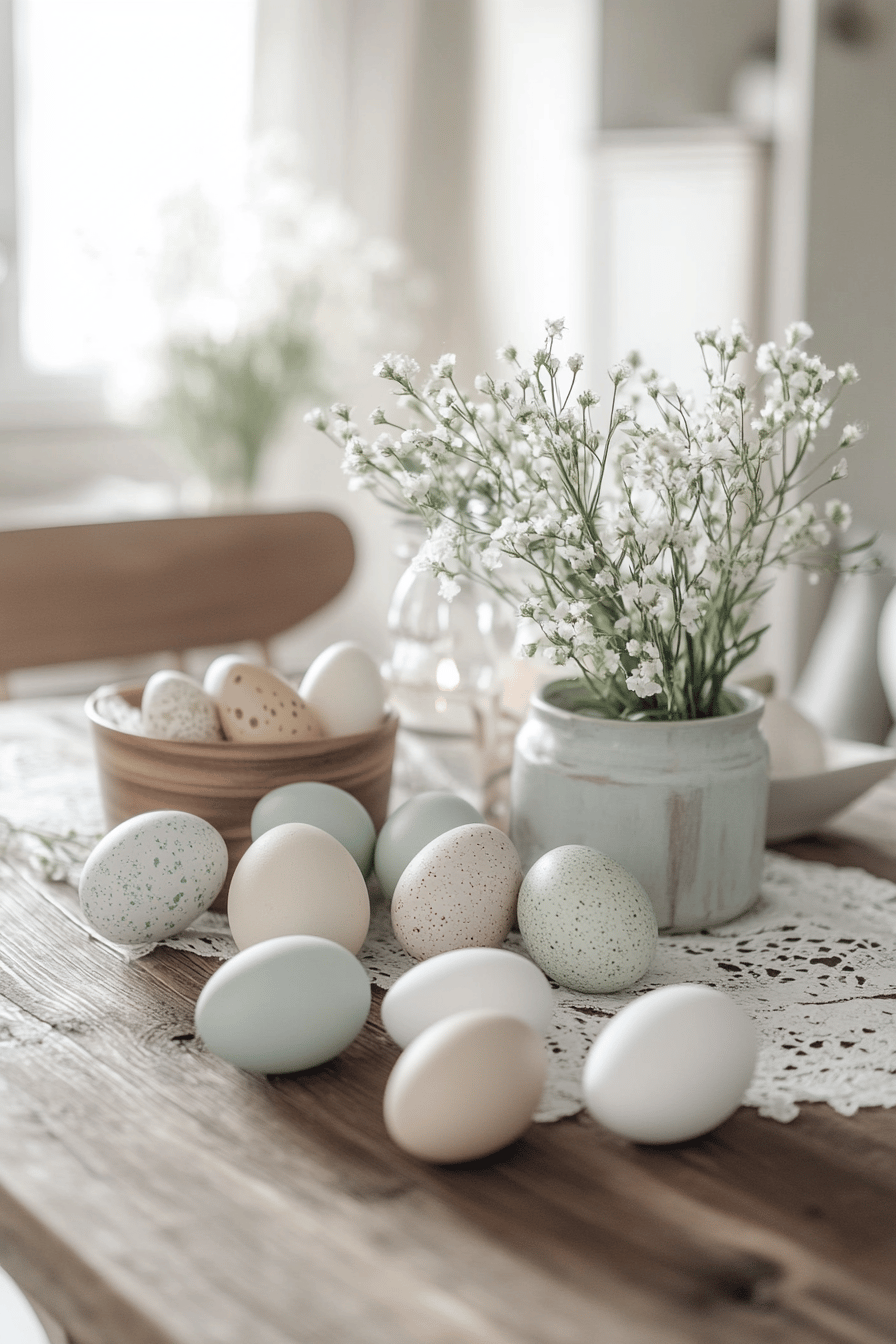 Ein Tisch mit pastellfarbenen Eiern und einem Strauß weißer Blumen.