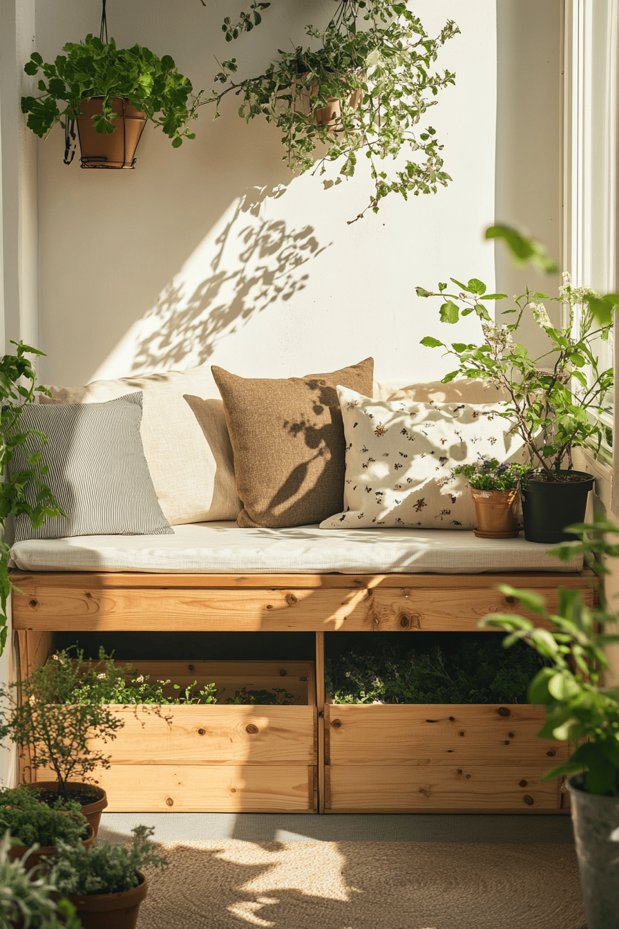 Holzbank auf einem Balkon mit Kissen und Pflanzen als Dekoration.