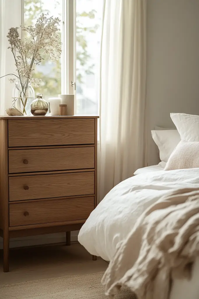 Schlafzimmer mit Holzmöbeln und dekorativem Pflanzenarrangement.