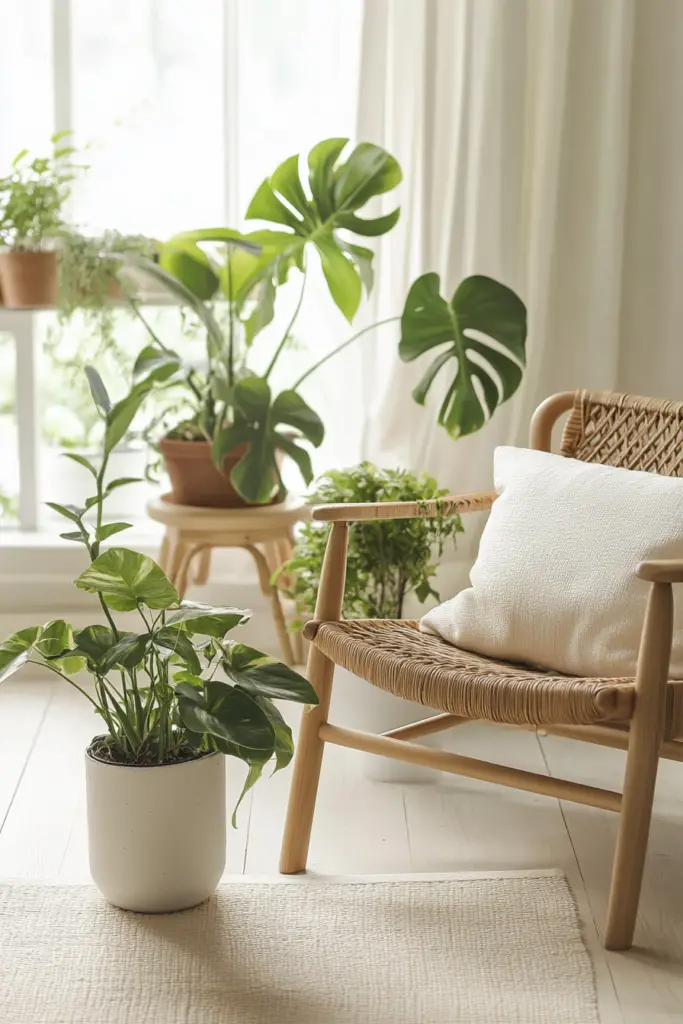 Zimmerpflanzen und Rattanmöbel in hellem Raum