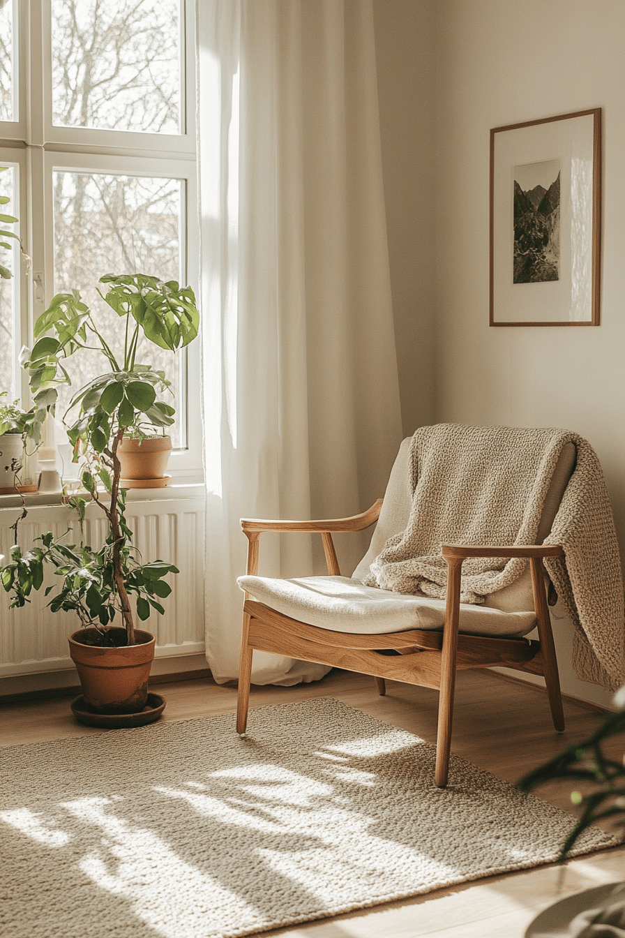Ein skandinavisch eingerichtetes Wohnzimmer mit neutralen Tönen, minimalistisch gestaltet.
