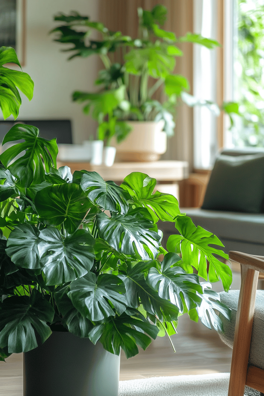 Moderne helle Wohnung mit grünen Pflanzen und Möbeln im skandinavischen Stil.