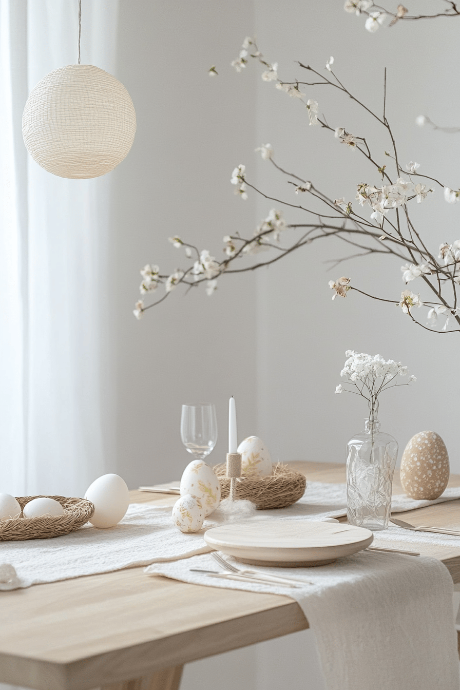Minimalistisch gedeckter Tisch mit Ostereiern, Zweigen und Kerzen.