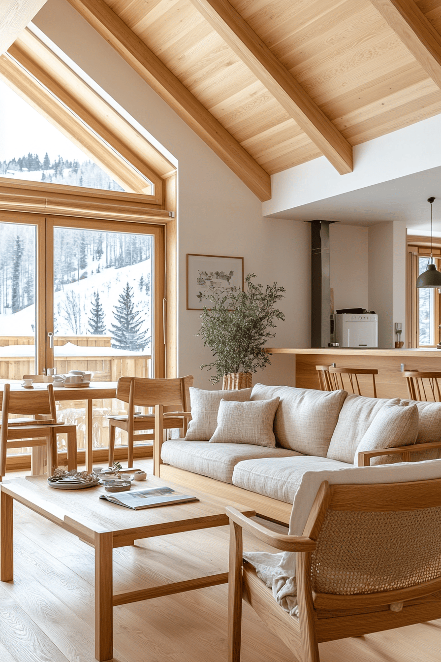 Wohnzimmer mit hellem Holzdekor und Panoramafenster mit Schneelandschaft.