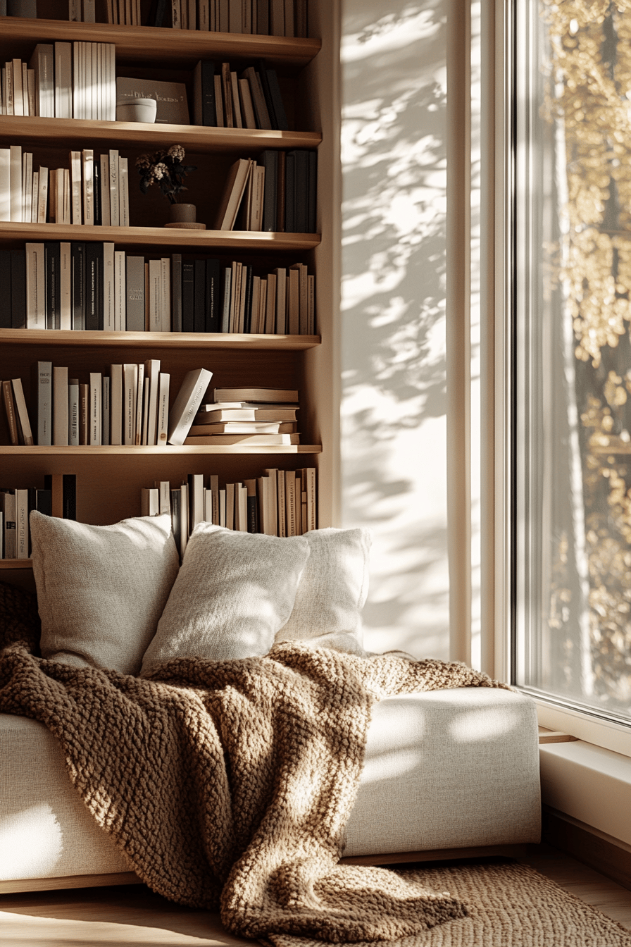 Einladende Leseecke mit Bücherregal, gemütlicher Sitzgelegenheit und natürlicher Beleuchtung.