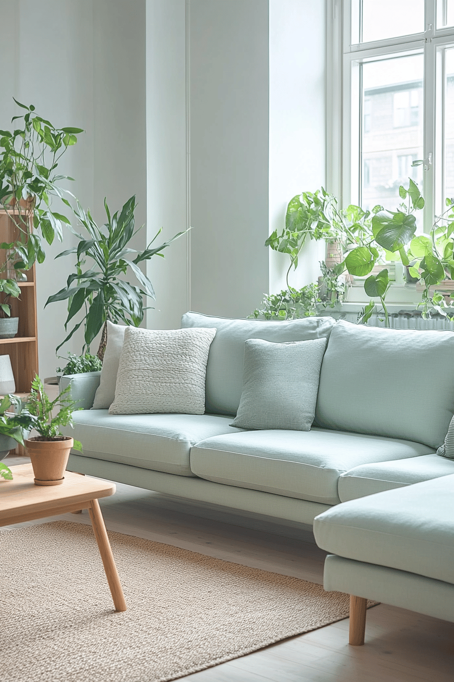 Helles skandinavisches Wohnzimmer mit modernen Möbeln und Pflanzen.