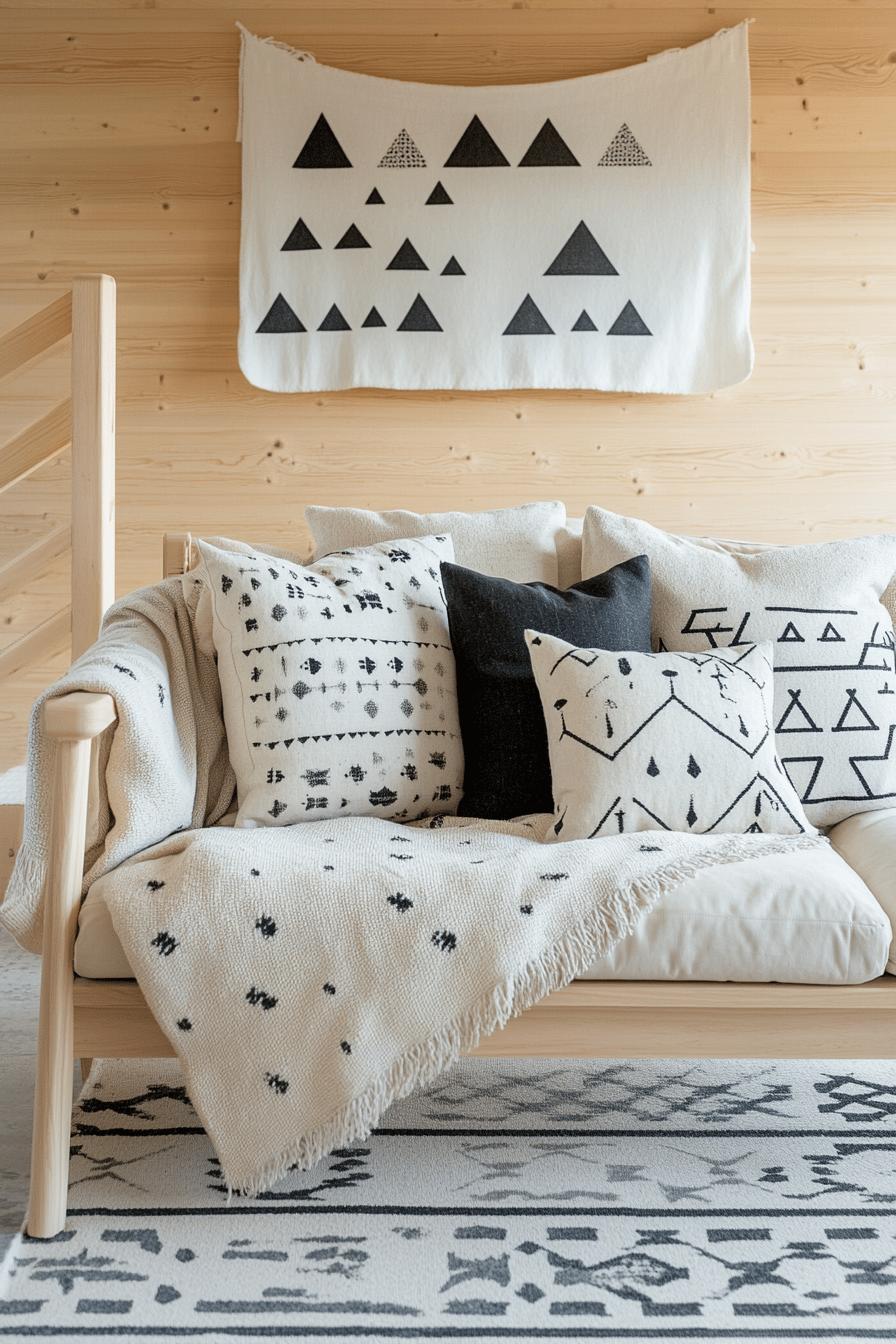 Ein skandinavisches Wohnzimmer mit geometrisch gemusterten Kissen und Decken.