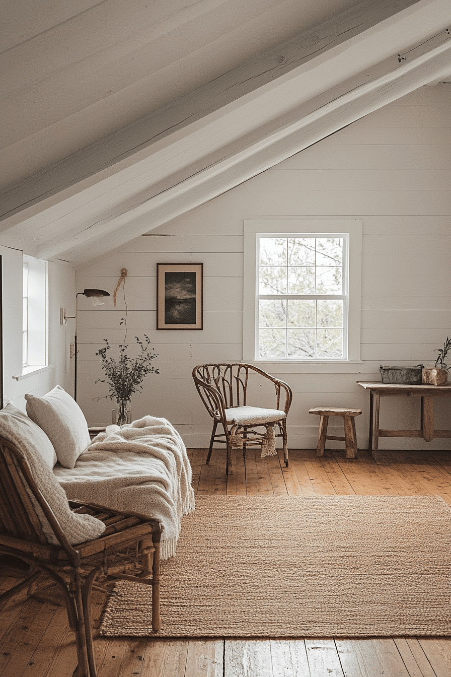 Ein helles skandinavisches Wohnzimmer mit natürlichen Textilien und Holzmöbeln.