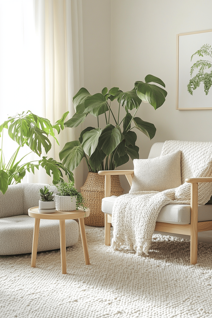 Wohnzimmer im skandinavischen Stil mit Holzstuhl, Pflanzen und hellem Teppich.